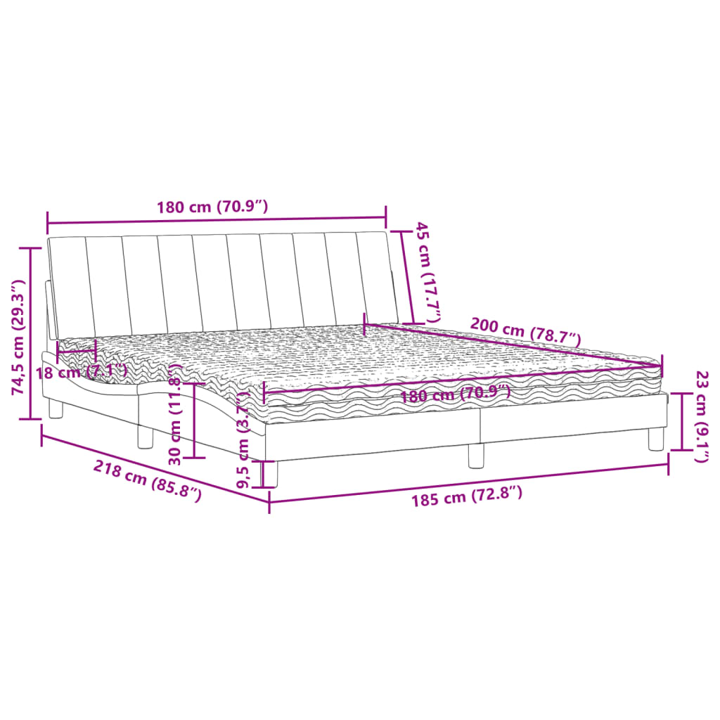 Lit avec matelas gris clair 180x200 cm velours