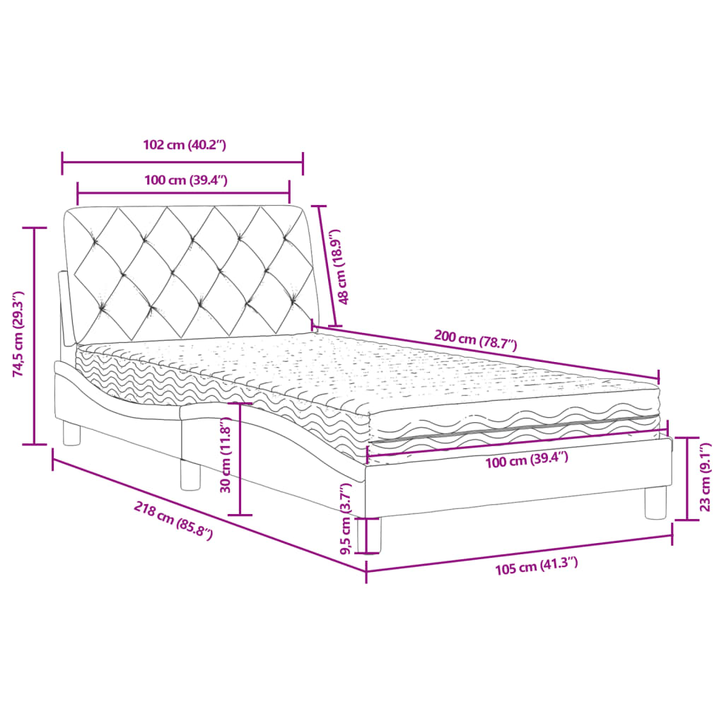 Lit avec matelas gris clair 100x200 cm velours