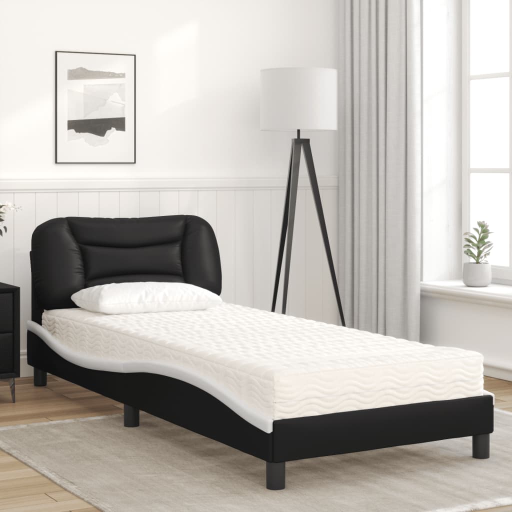 Lit avec matelas noir et blanc 80x200 cm similicuir