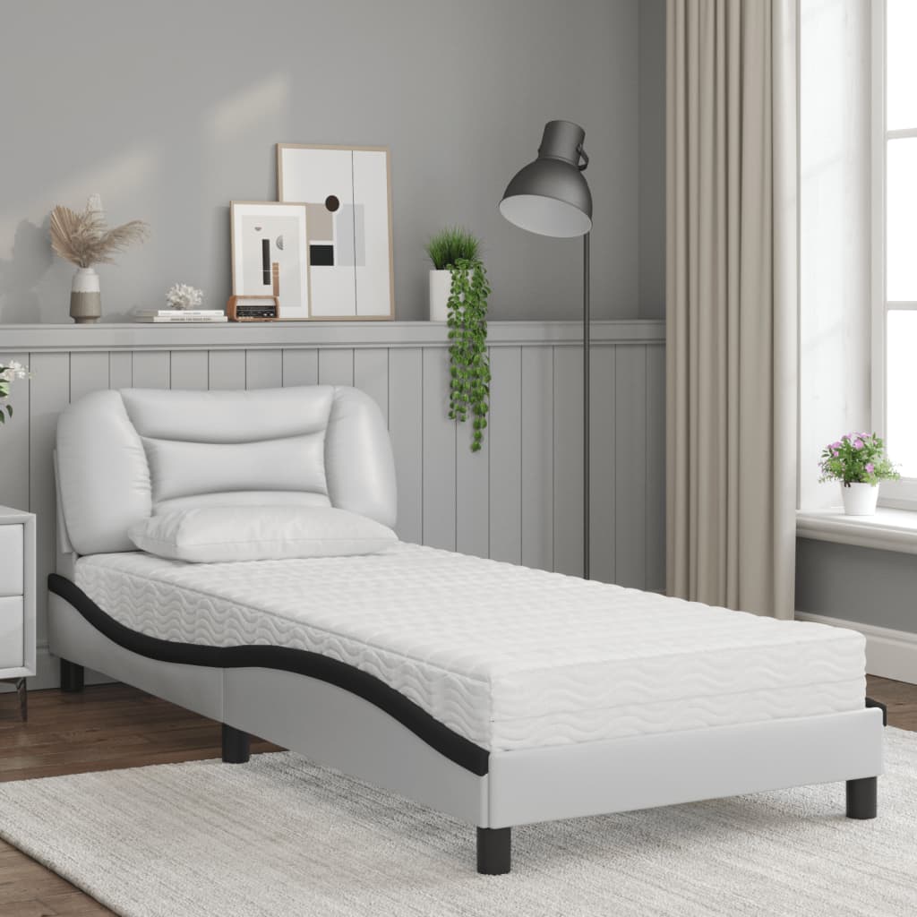 Bed with white and black mattress 90x190 cm imitation leather