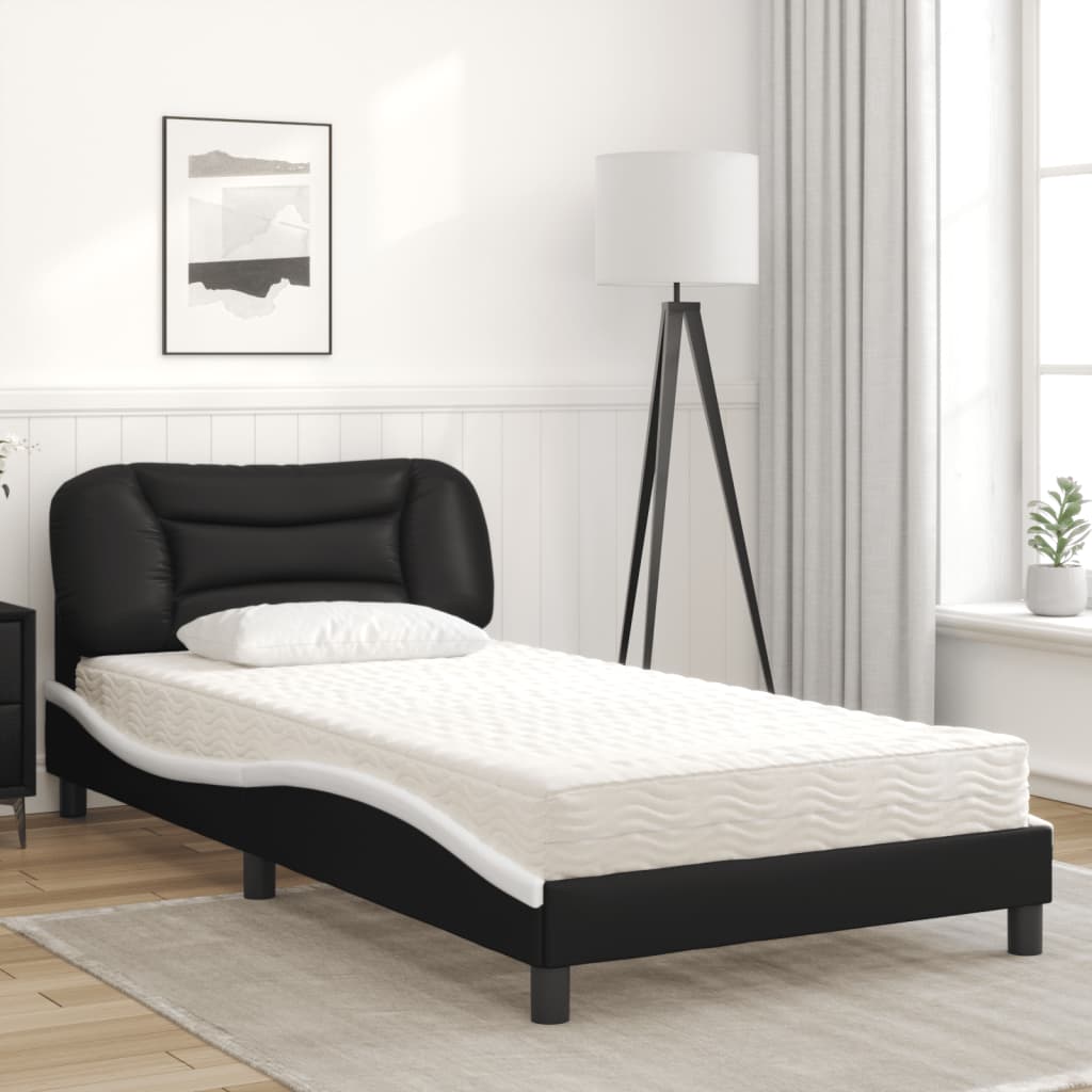 Lit avec matelas noir et blanc 100x200 cm similicuir