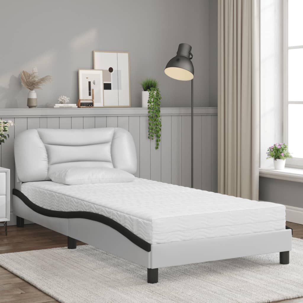 Lit avec matelas blanc et noir 100x200 cm similicuir