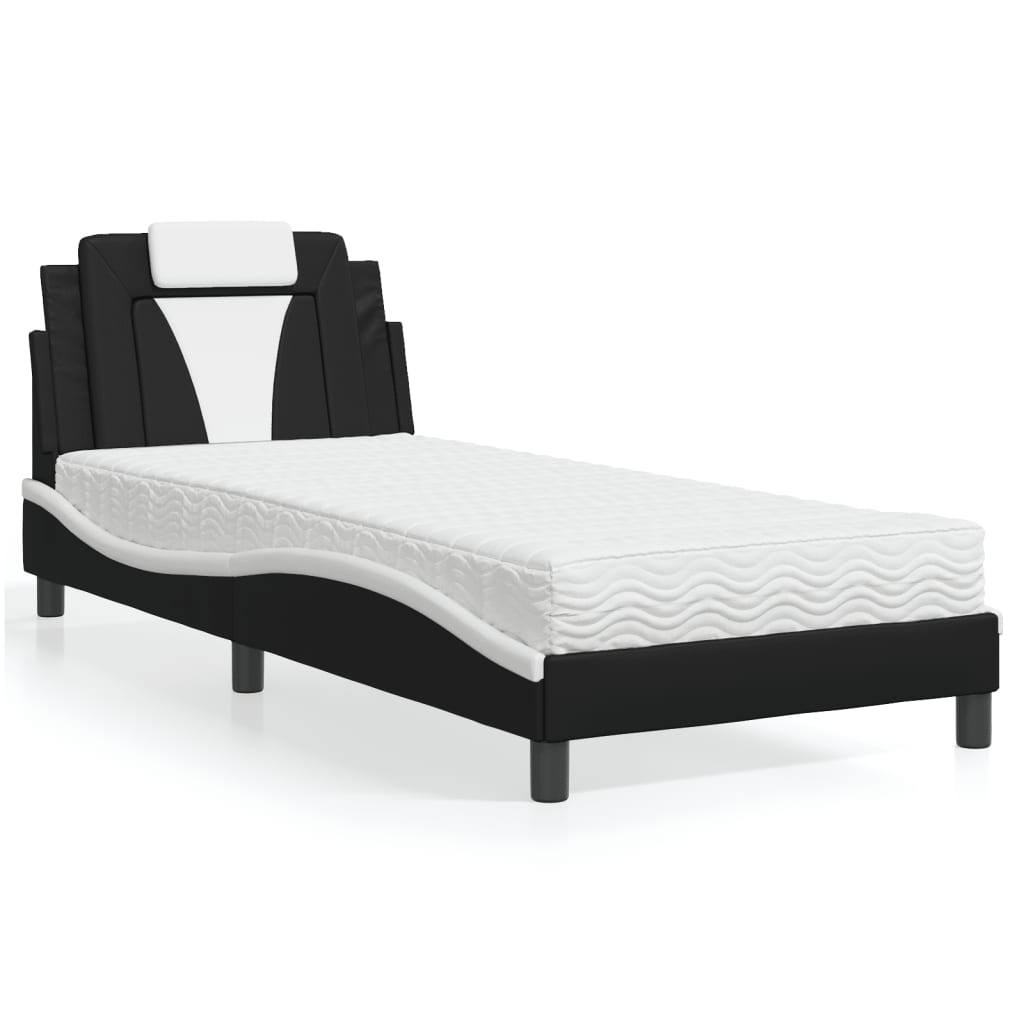 Lit avec matelas noir et blanc 90x190 cm similicuir