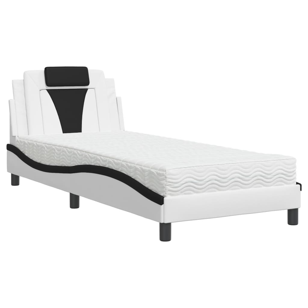 Lit avec matelas blanc et noir 90x190 cm similicuir