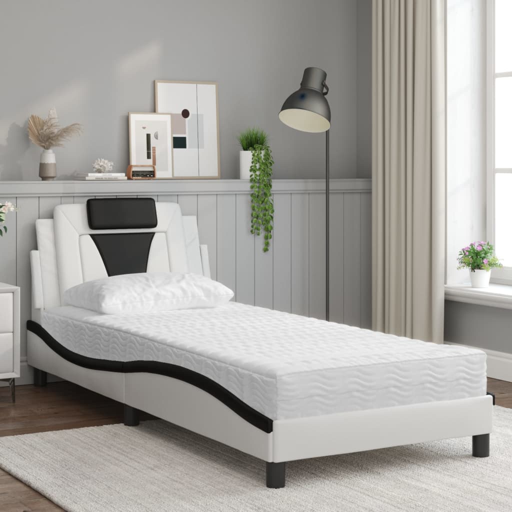 Lit avec matelas blanc et noir 90x190 cm similicuir