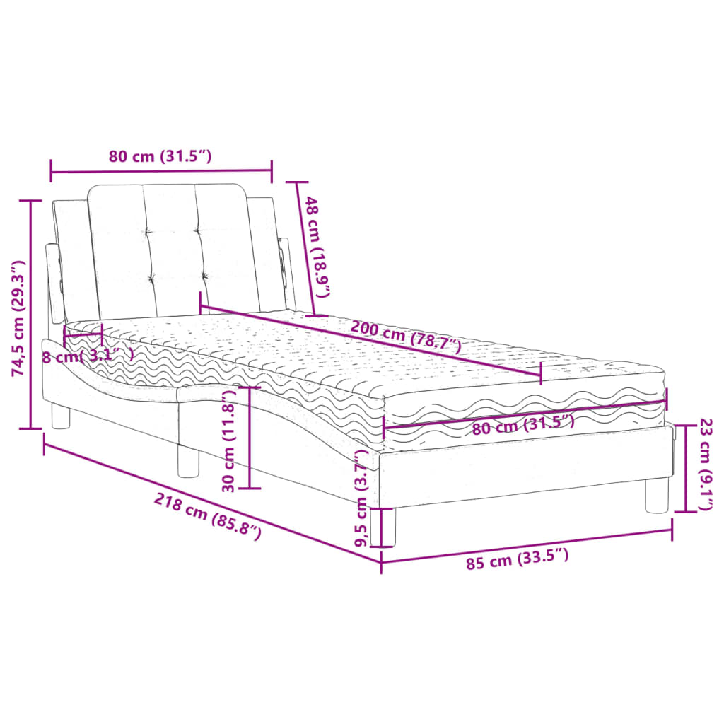 Lit avec matelas noir et blanc 80x200 cm similicuir