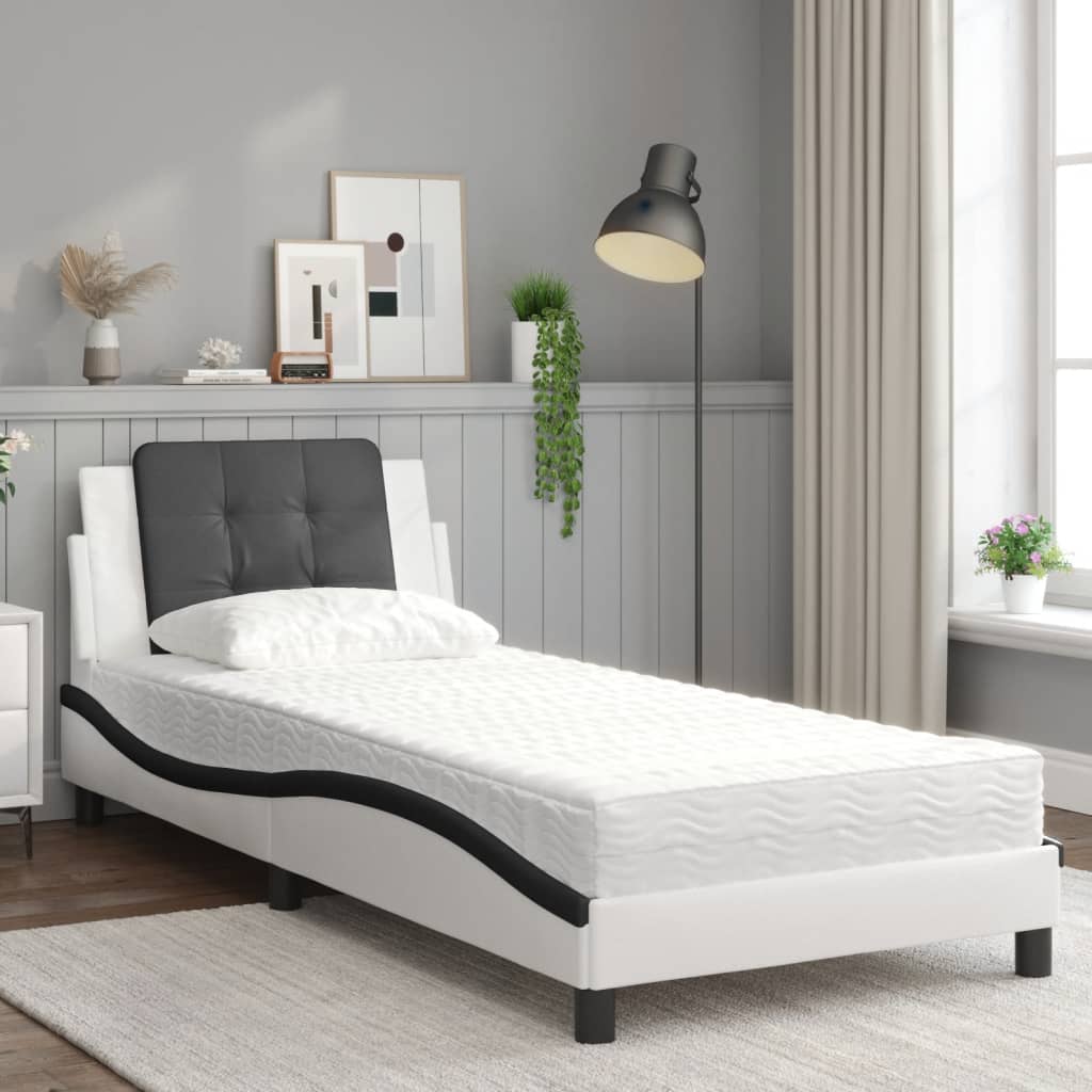 Lit avec matelas blanc et noir 90x190 cm similicuir