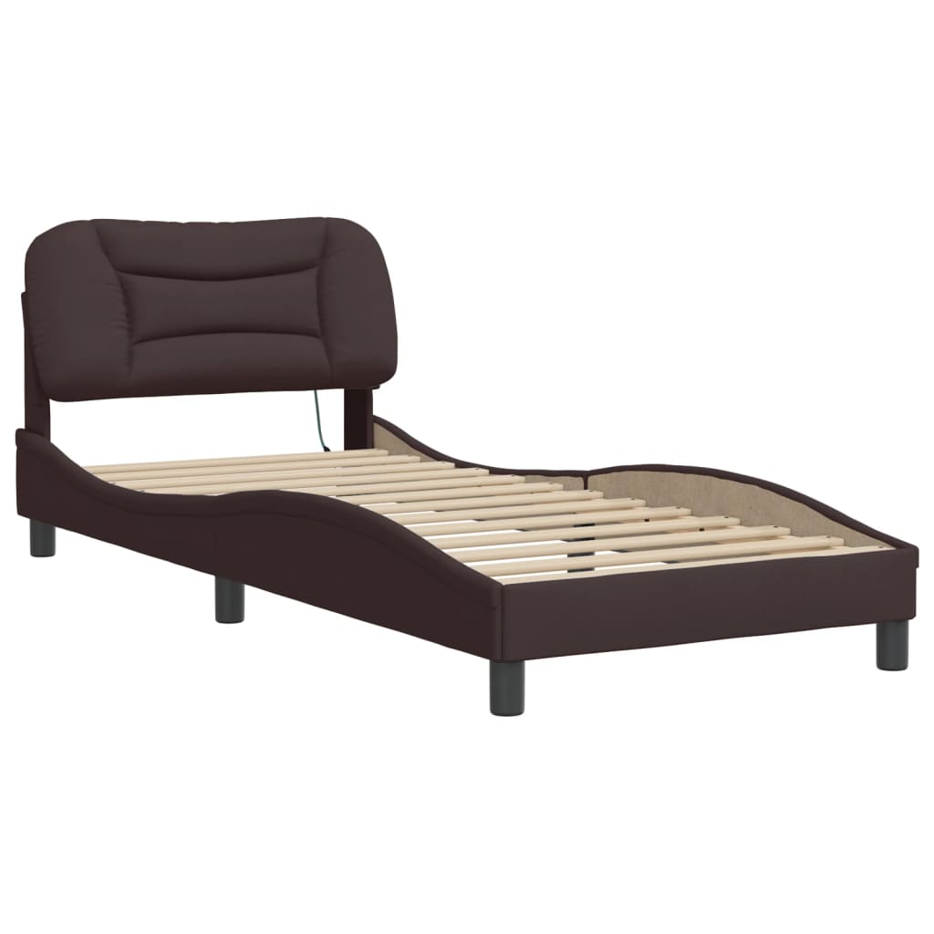 Cadre de lit avec LED sans matelas marron foncé 90x200 cm tissu