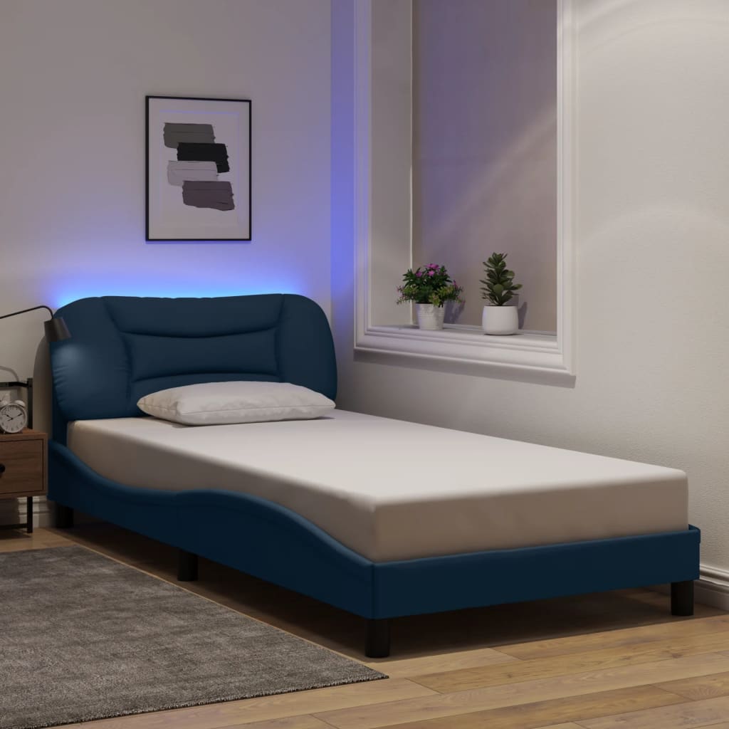 Cadre de lit avec LED sans matelas bleu 100x200 cm tissu