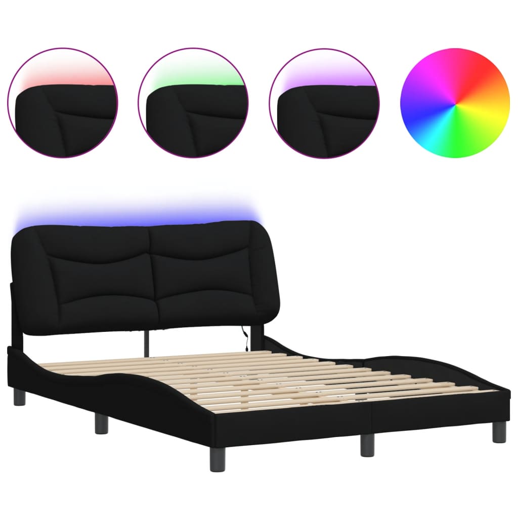 Bed frame with LED without mattress black 140x190 cm fabric