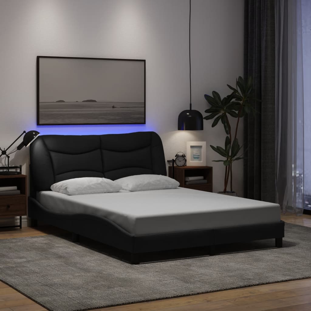 Bed frame with LED without mattress black 140x190 cm fabric