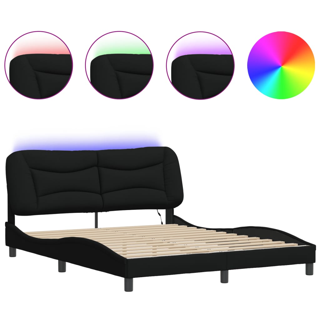 Bed frame with LED without mattress black 160x200 cm fabric