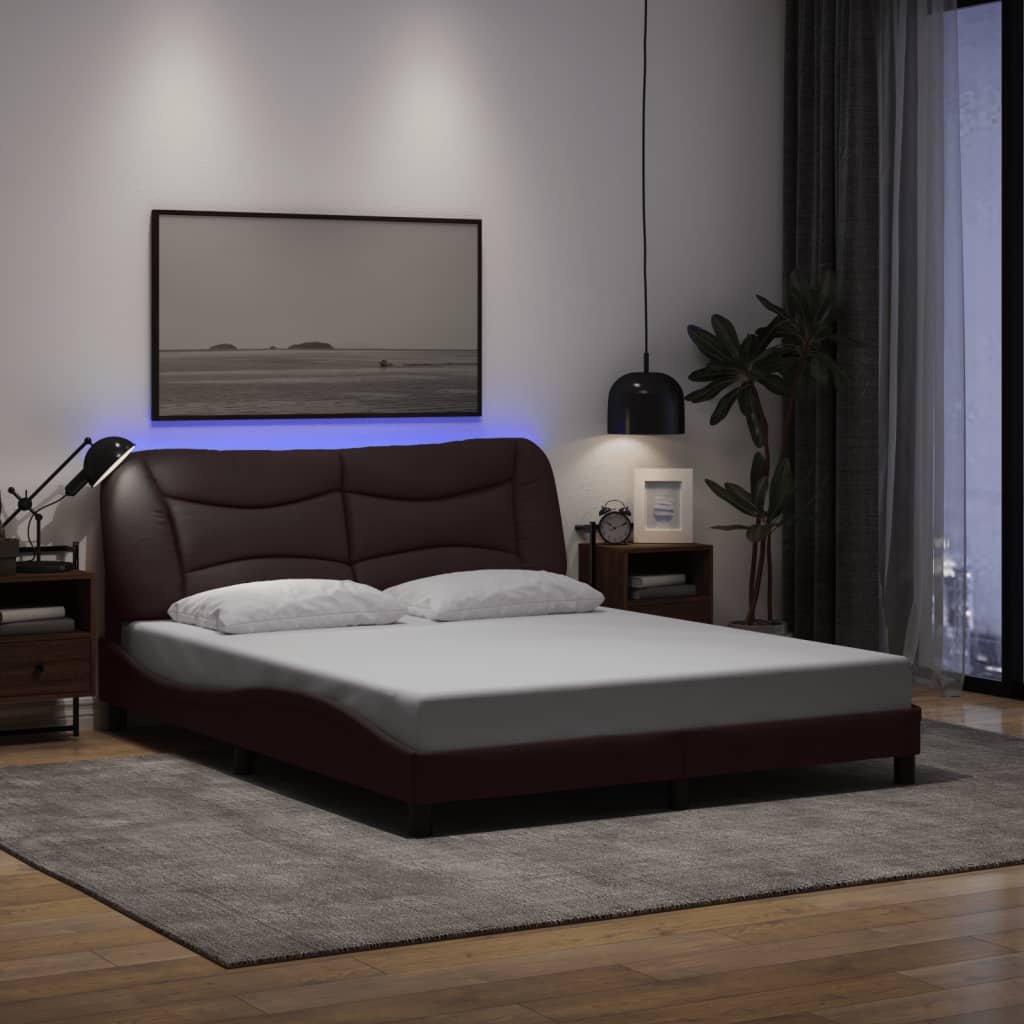 Cadre de lit avec LED sans matelas marron foncé 160x200cm tissu