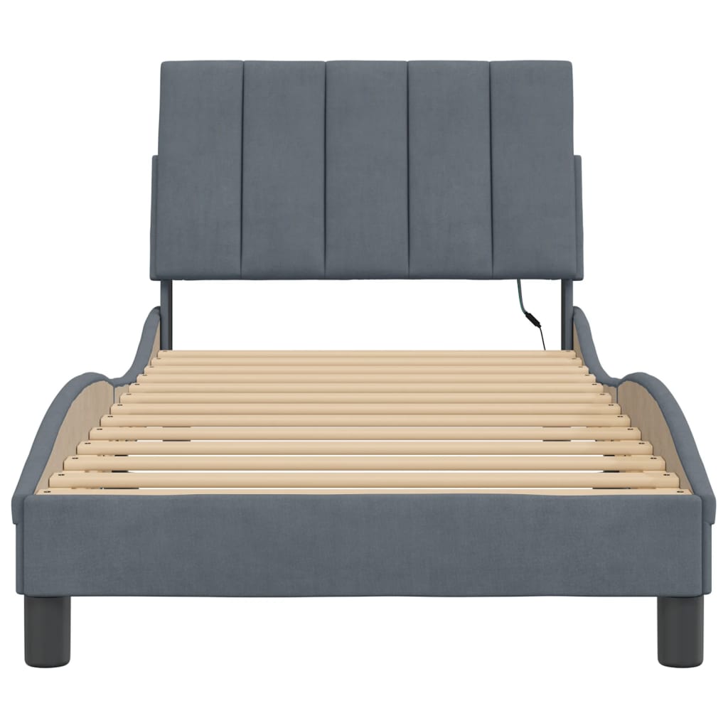 Cadre de lit avec LED sans matelas gris foncé 90x190 cm velours