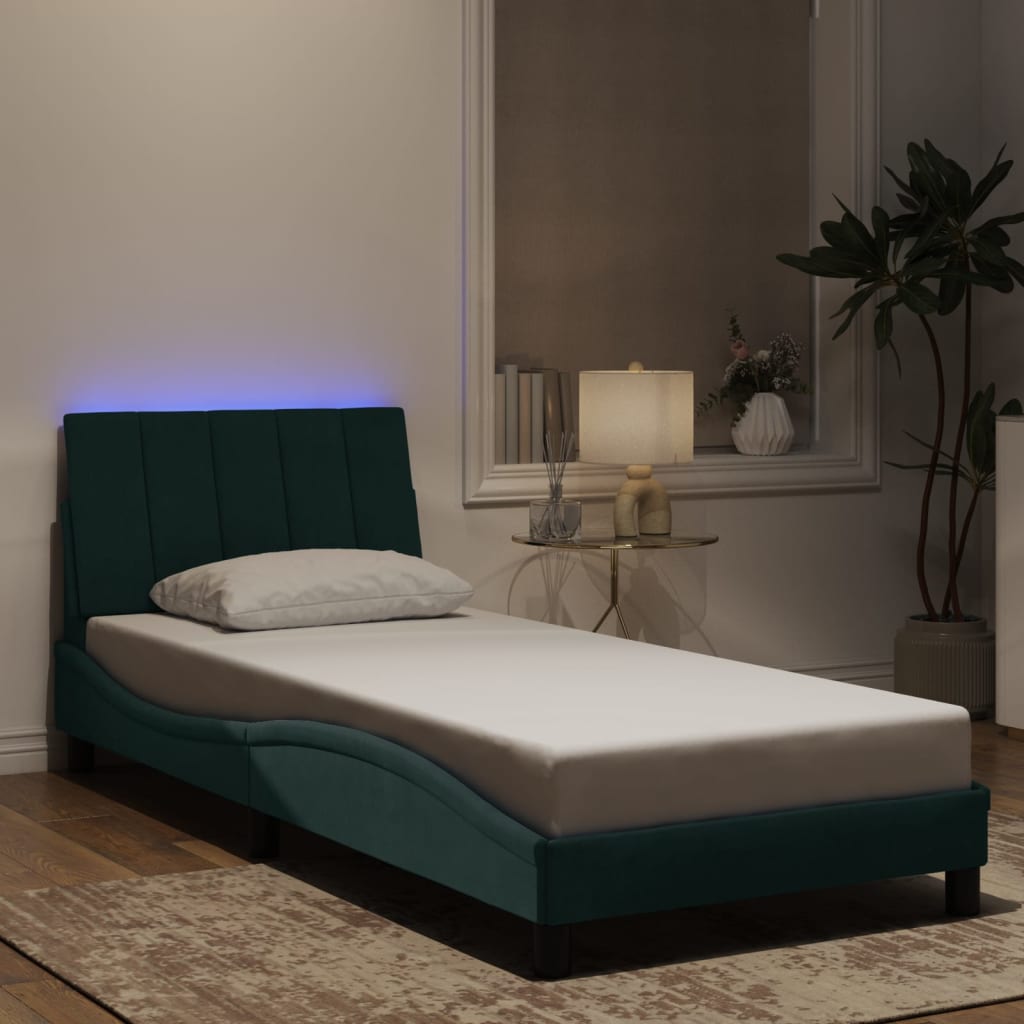 Cadre de lit avec LED sans matelas vert foncé 90x190 cm velours