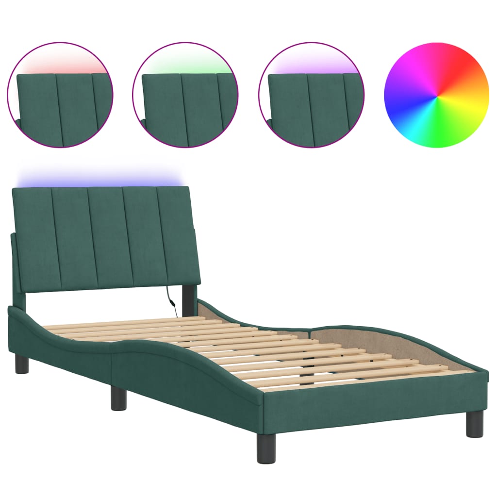 Cadre de lit avec LED sans matelas vert foncé 90x200 cm velours