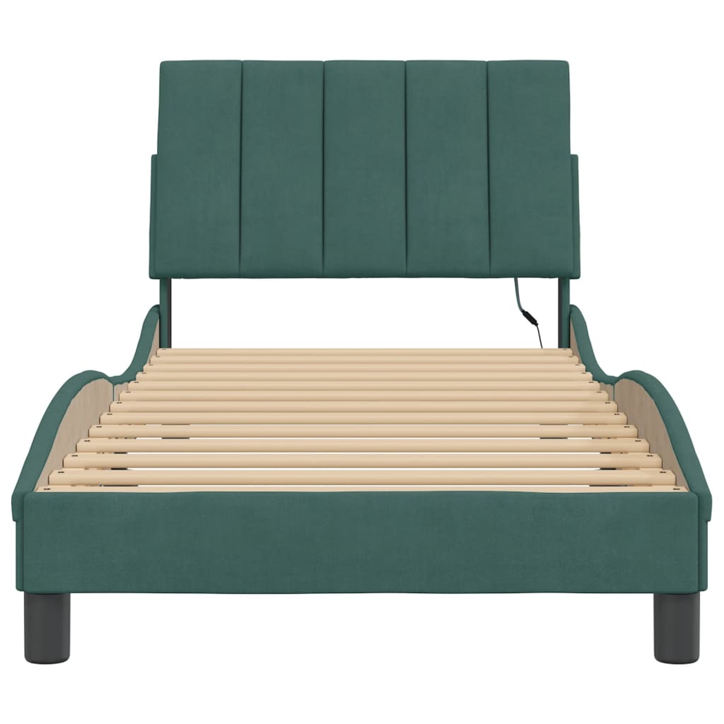 Cadre de lit avec LED sans matelas vert foncé 90x200 cm velours