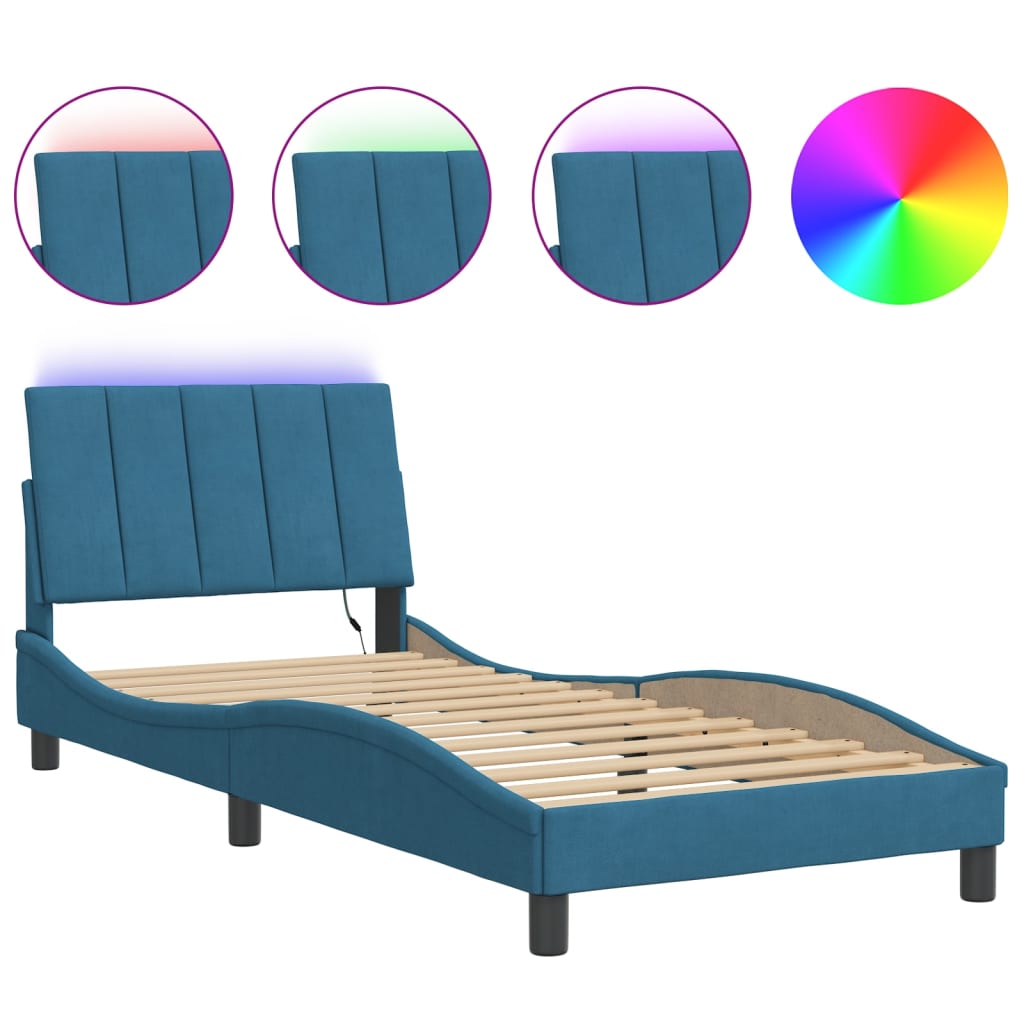 Cadre de lit avec LED sans matelas bleu 90x200 cm velours