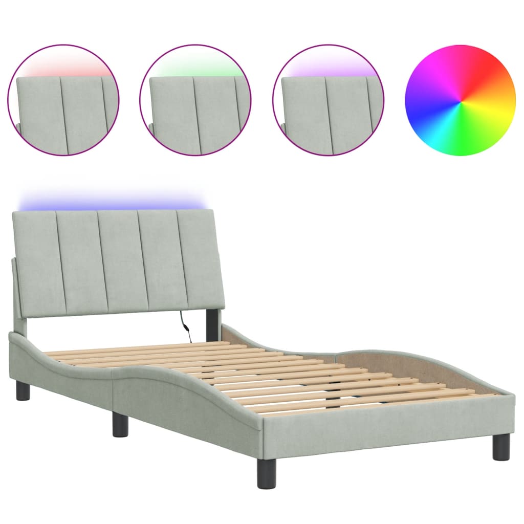 Cadre de lit avec LED sans matelas gris clair 100x200cm velours