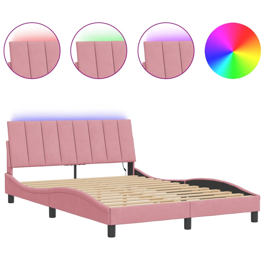 Cadre de lit avec LED sans matelas rose 140x190cm velours