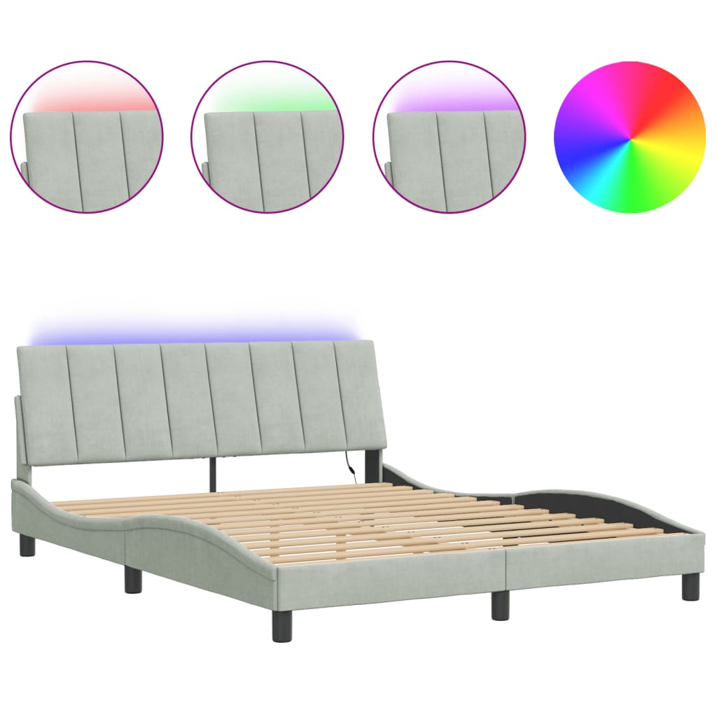 Cadre de lit avec LED sans matelas gris clair 160x200cm velours