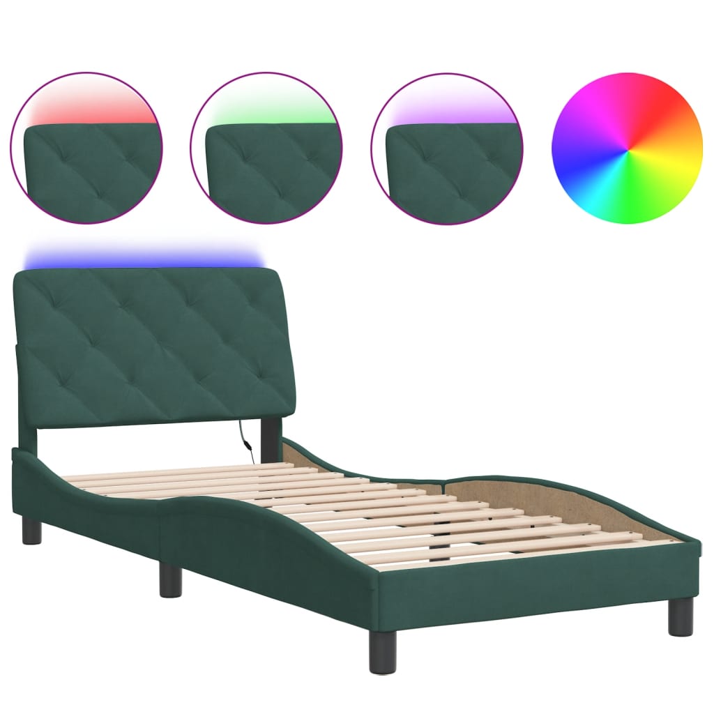 Cadre de lit avec LED sans matelas vert foncé 90x190 cm velours