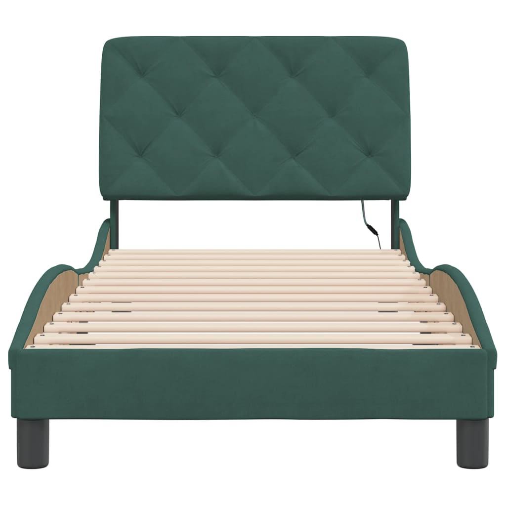 Cadre de lit avec LED sans matelas vert foncé 90x200 cm velours