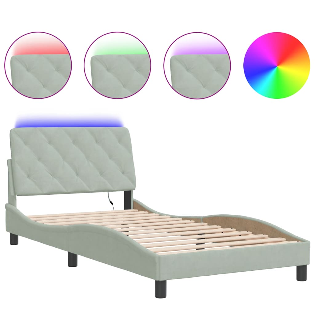 Cadre de lit avec LED sans matelas gris clair 100x200cm velours