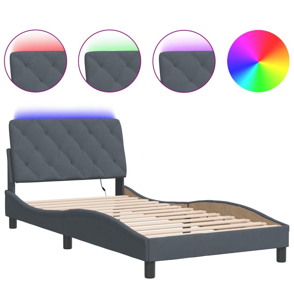 Cadre de lit avec LED sans matelas gris foncé 100x200cm velours