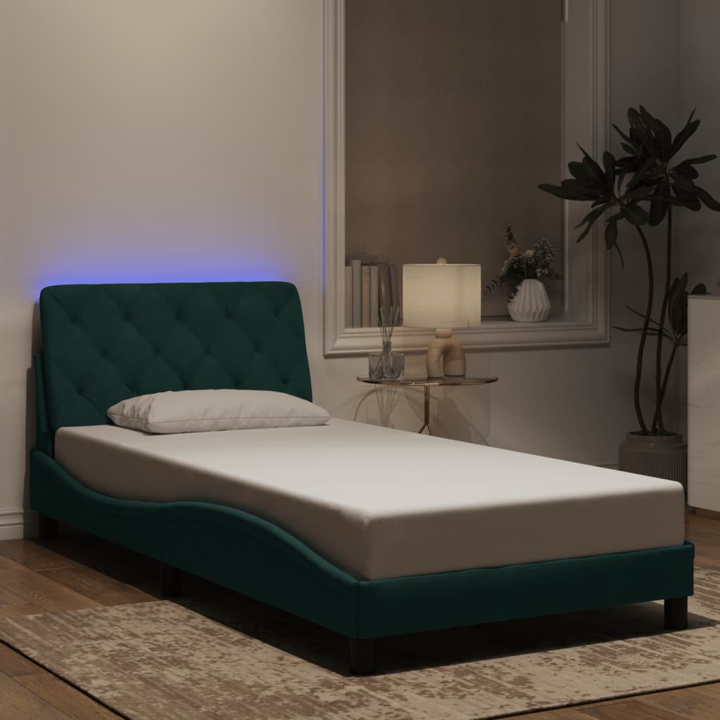 Cadre de lit avec LED sans matelas vert foncé 100x200cm velours