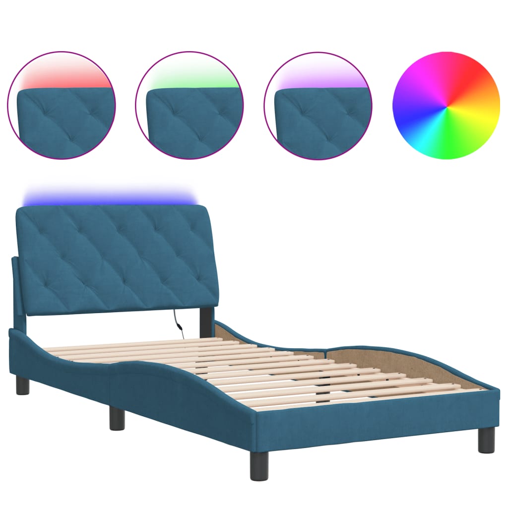 Bed frame with LED without mattress blue 100x200 cm velvet