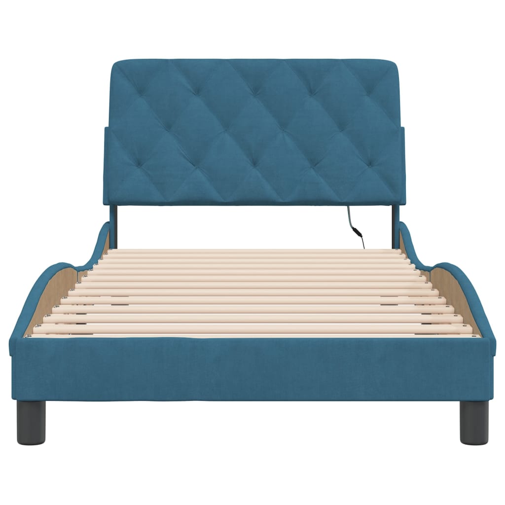 Bed frame with LED without mattress blue 100x200 cm velvet