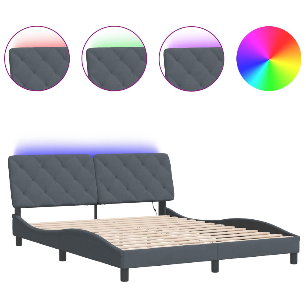 Cadre de lit avec LED sans matelas gris foncé 160x200cm velours