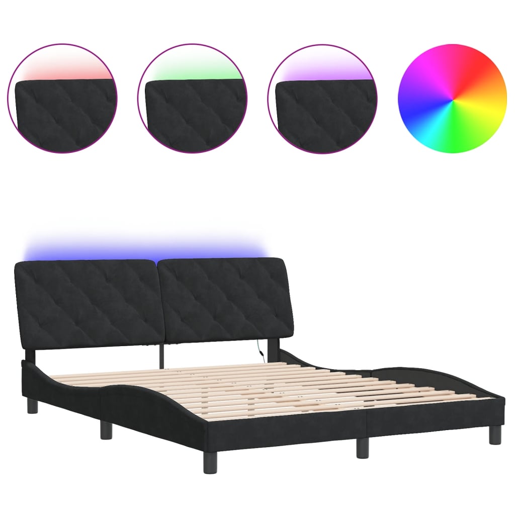 Bed frame with LED without mattress black 160x200 cm velvet