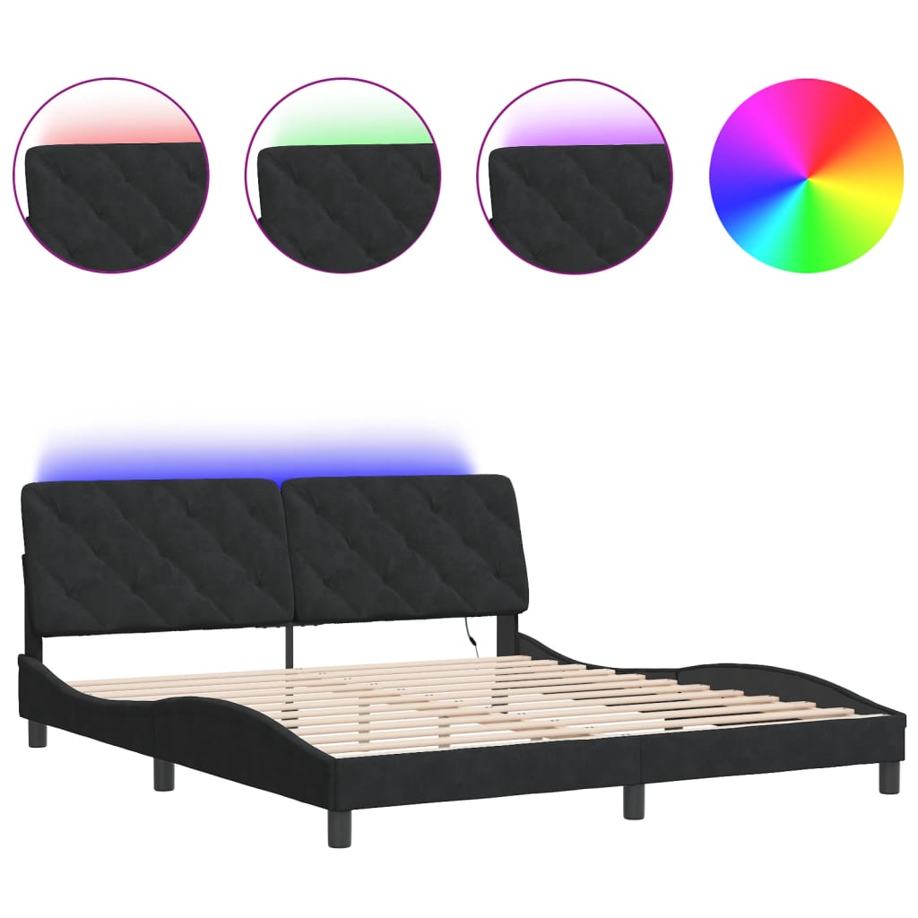 Bed frame with LED without mattress black 180x200 cm velvet