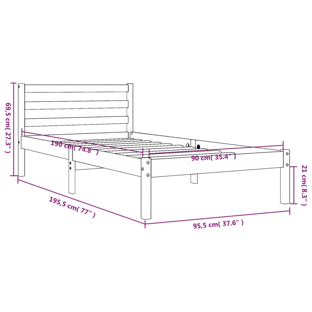 Bettgestell ohne Matratze, braunes Wachs, 90 x 190 cm, massives Kiefernholz