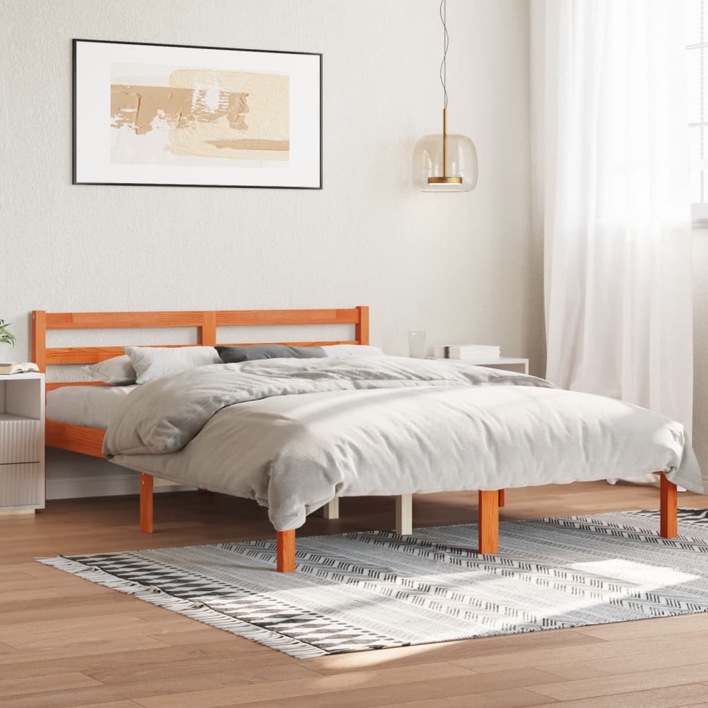 Bed frame without mattress brown wax 140x190cm solid pine wood