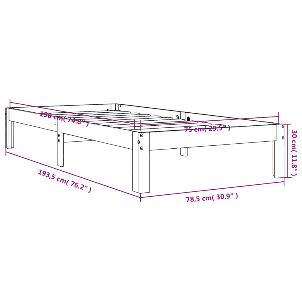 Bed frame without mattress brown wax 75x190 cm solid pine wood