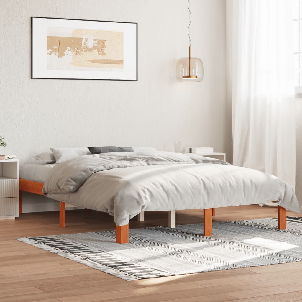 Bed frame without mattress brown wax 135x190cm solid pine wood