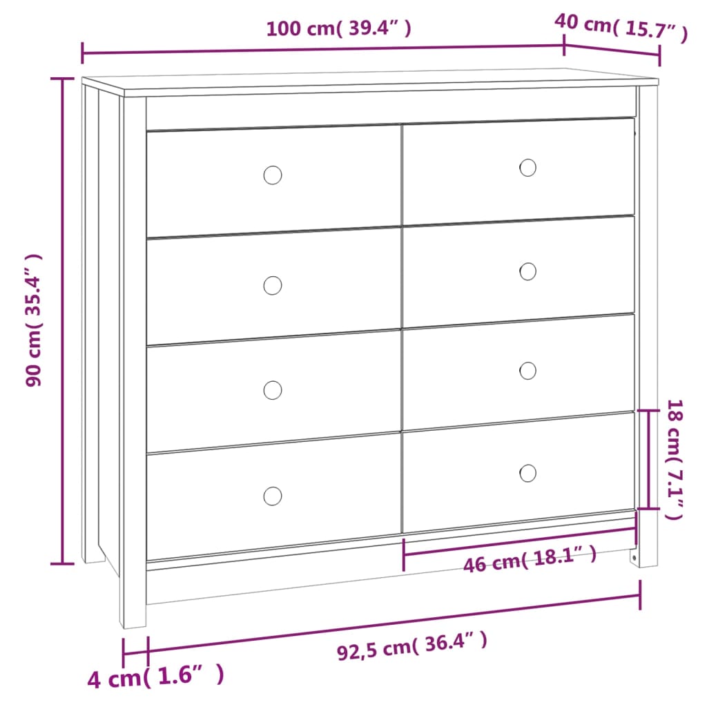 Brown wax side cabinet 100x40x90 cm solid pine wood