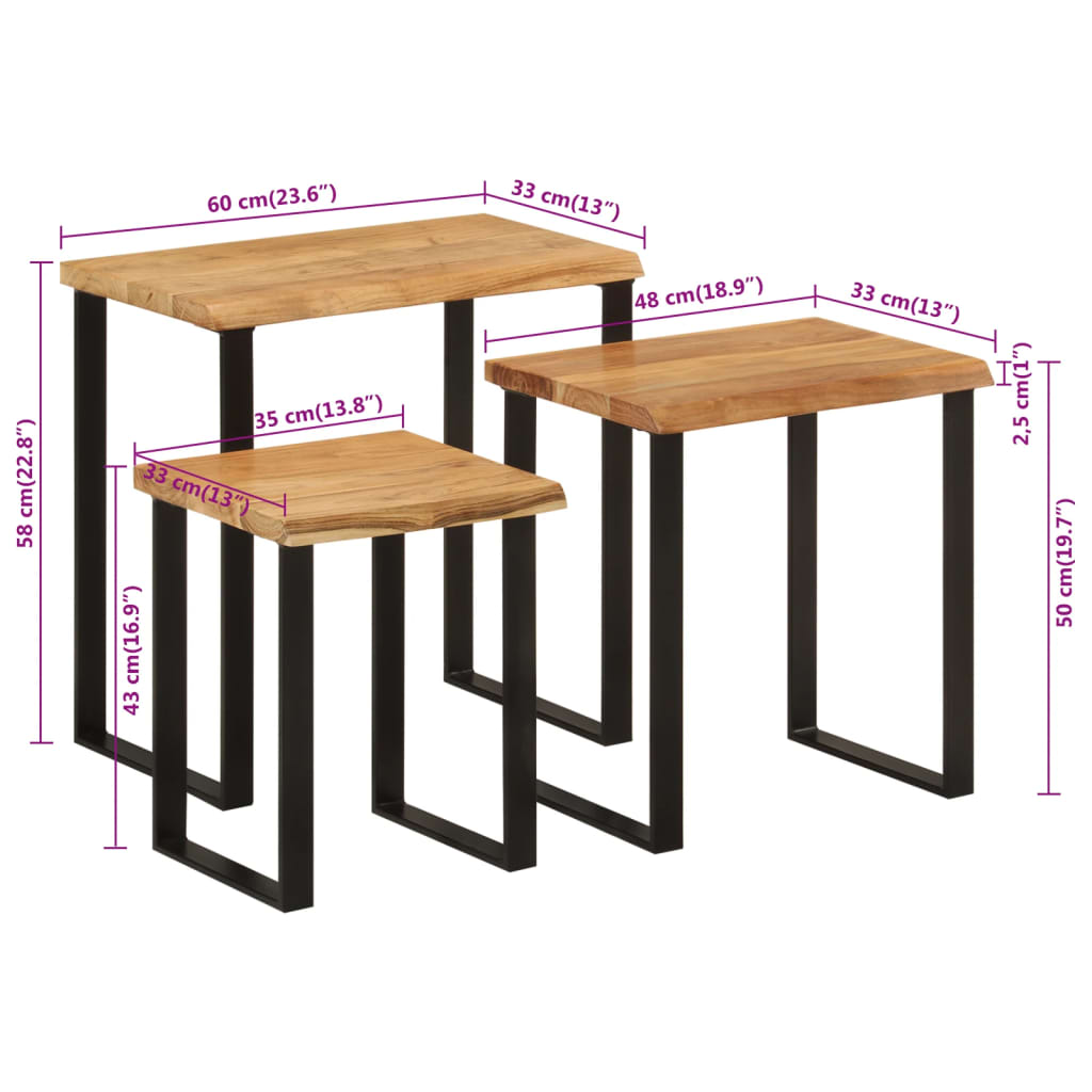 3 pcs nesting tables with live edge solid acacia wood