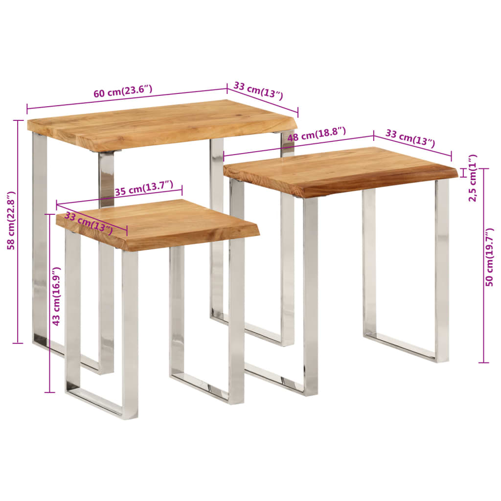 Tables gigognes 3 pcs avec bord vivant bois massif d'acacia