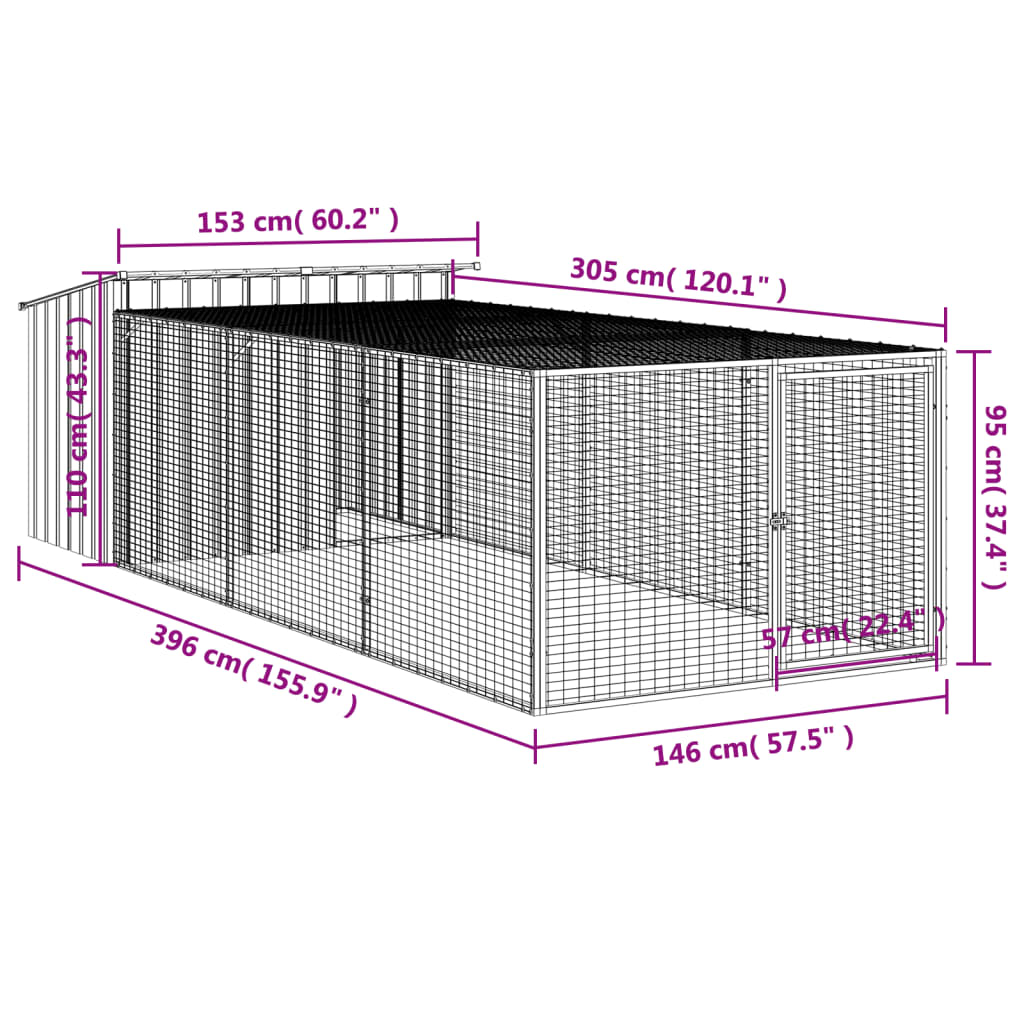 Niche pour chien avec cour anthracite 153x396x110 cm