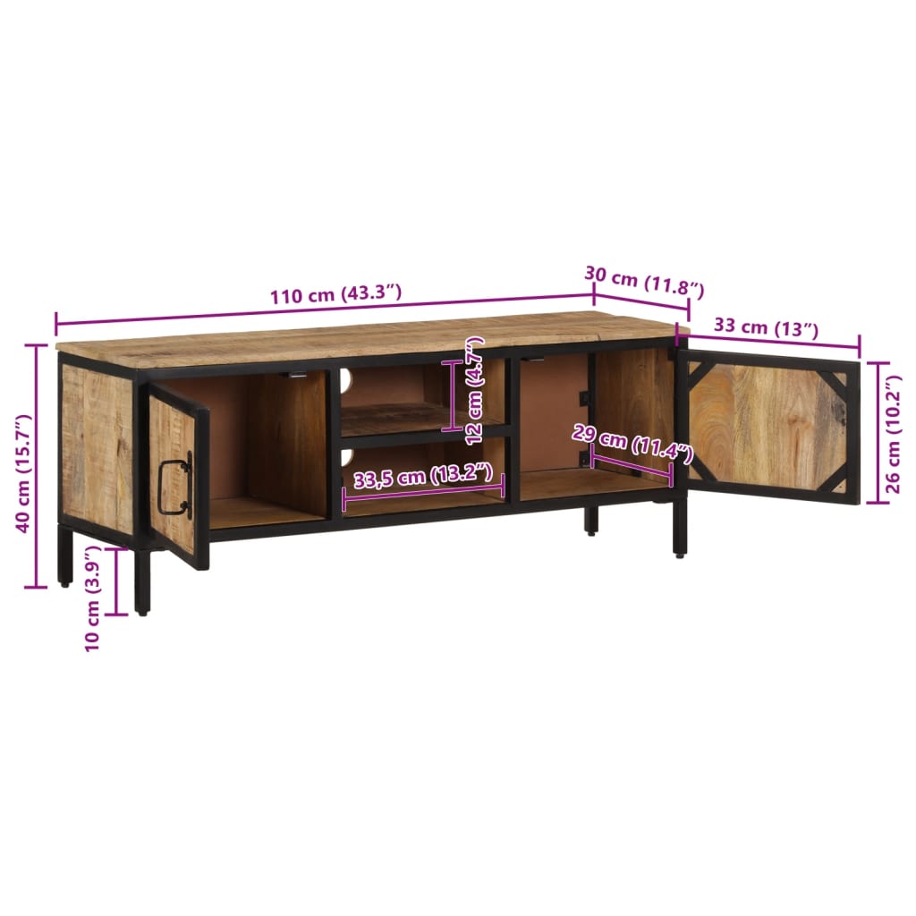 Meuble TV 110x30x40 cm bois massif de manguier brut