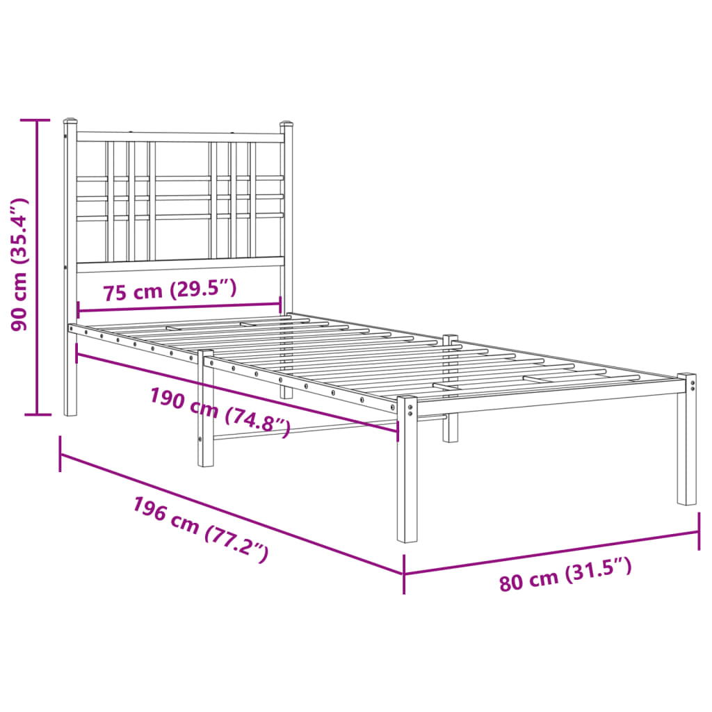 Cadre de lit métal sans matelas avec tête de lit noir 75x190 cm