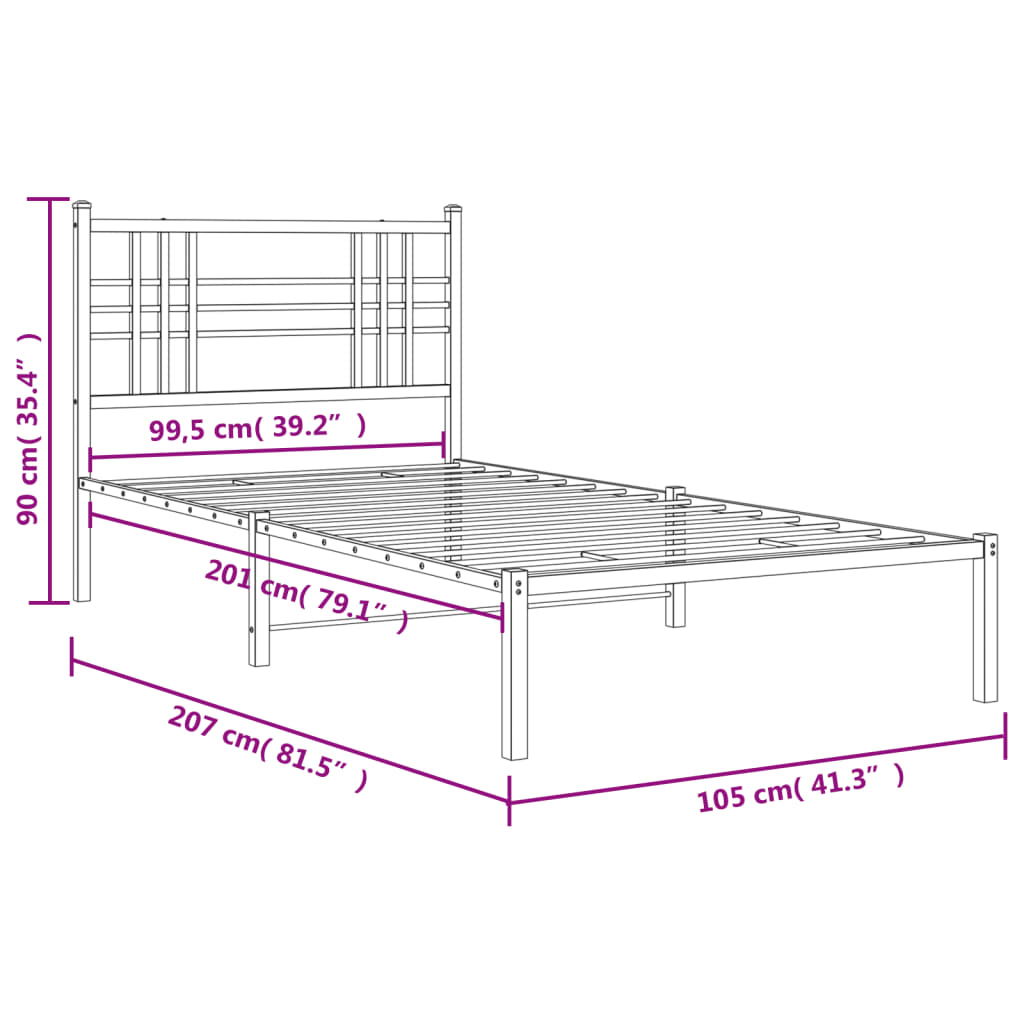 Metallbettgestell ohne Matratze mit schwarzem Kopfteil 100x200cm