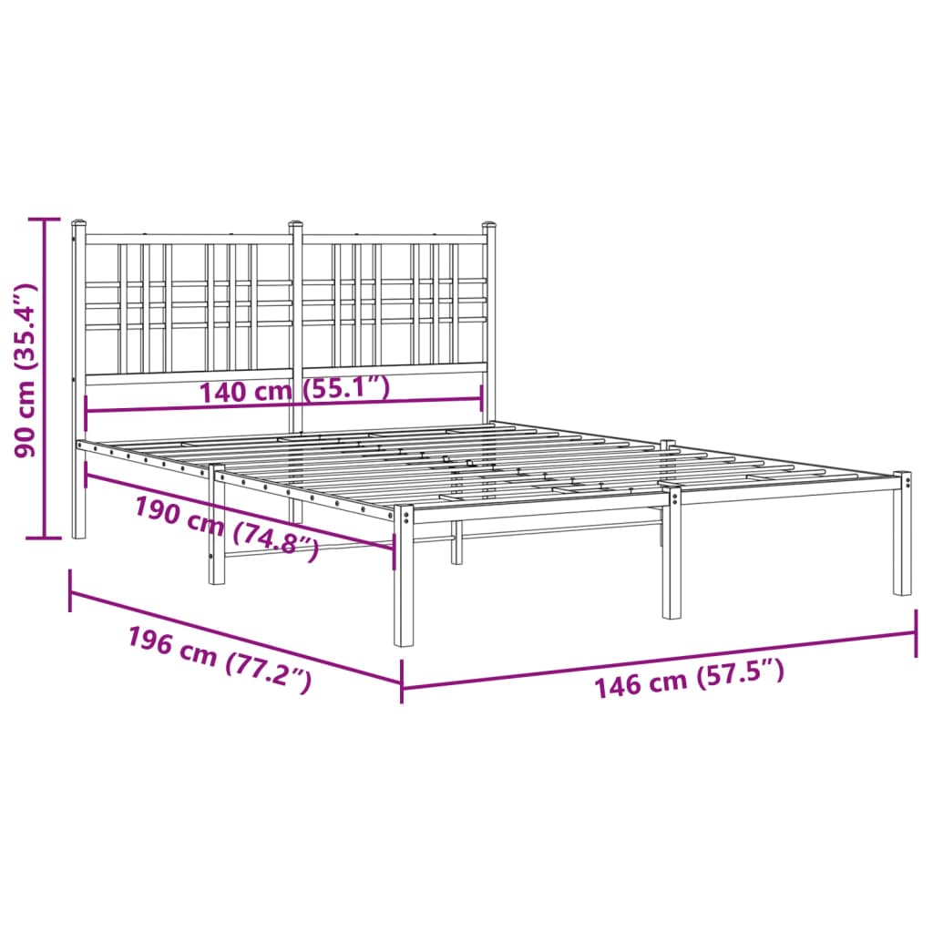 Cadre de lit métal sans matelas avec tête de lit noir 140x190cm