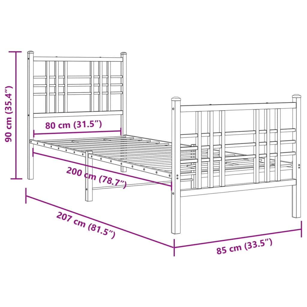 Cadre de lit métal sans matelas avec pied de lit noir 80x200 cm