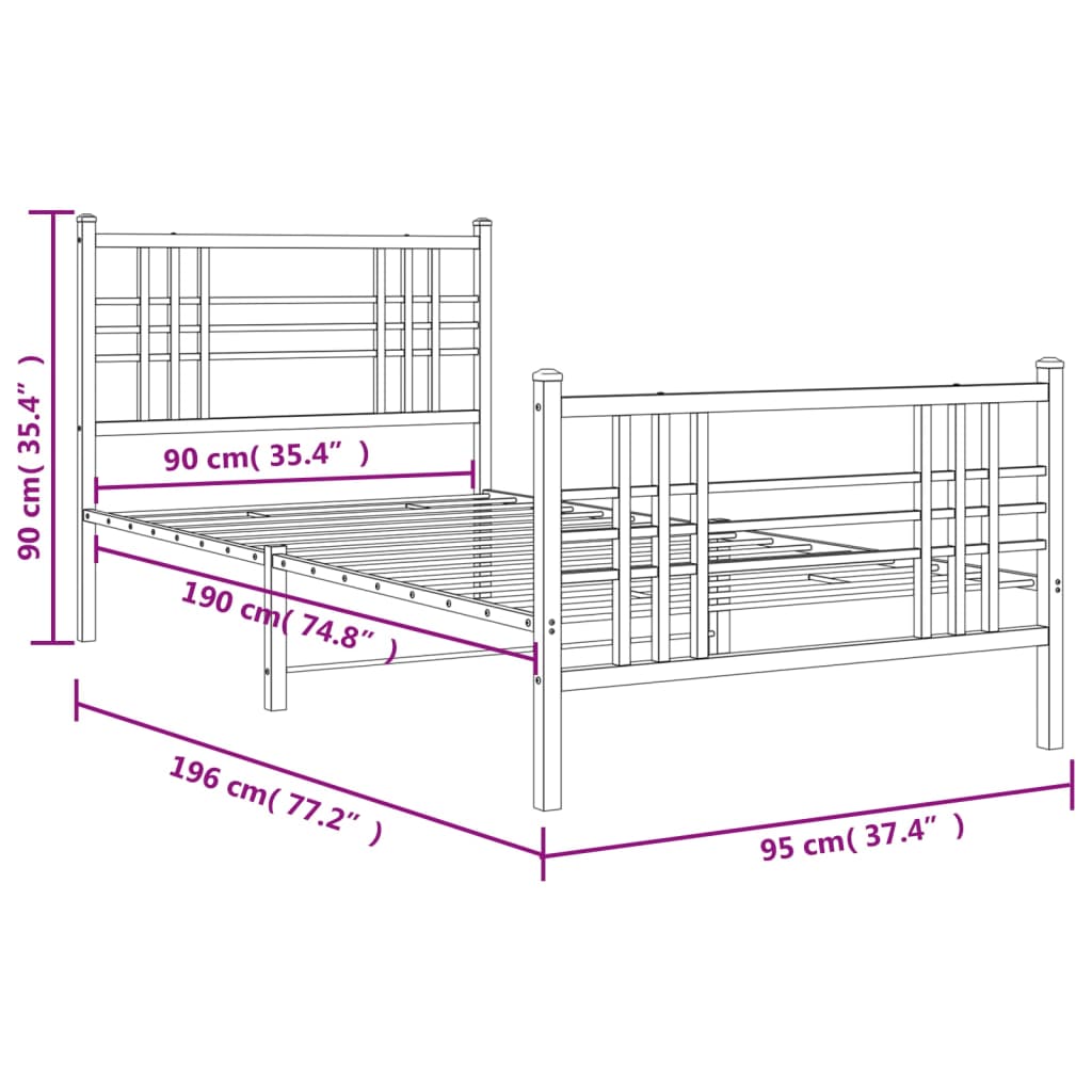 Cadre de lit métal sans matelas avec pied de lit noir 90x190 cm