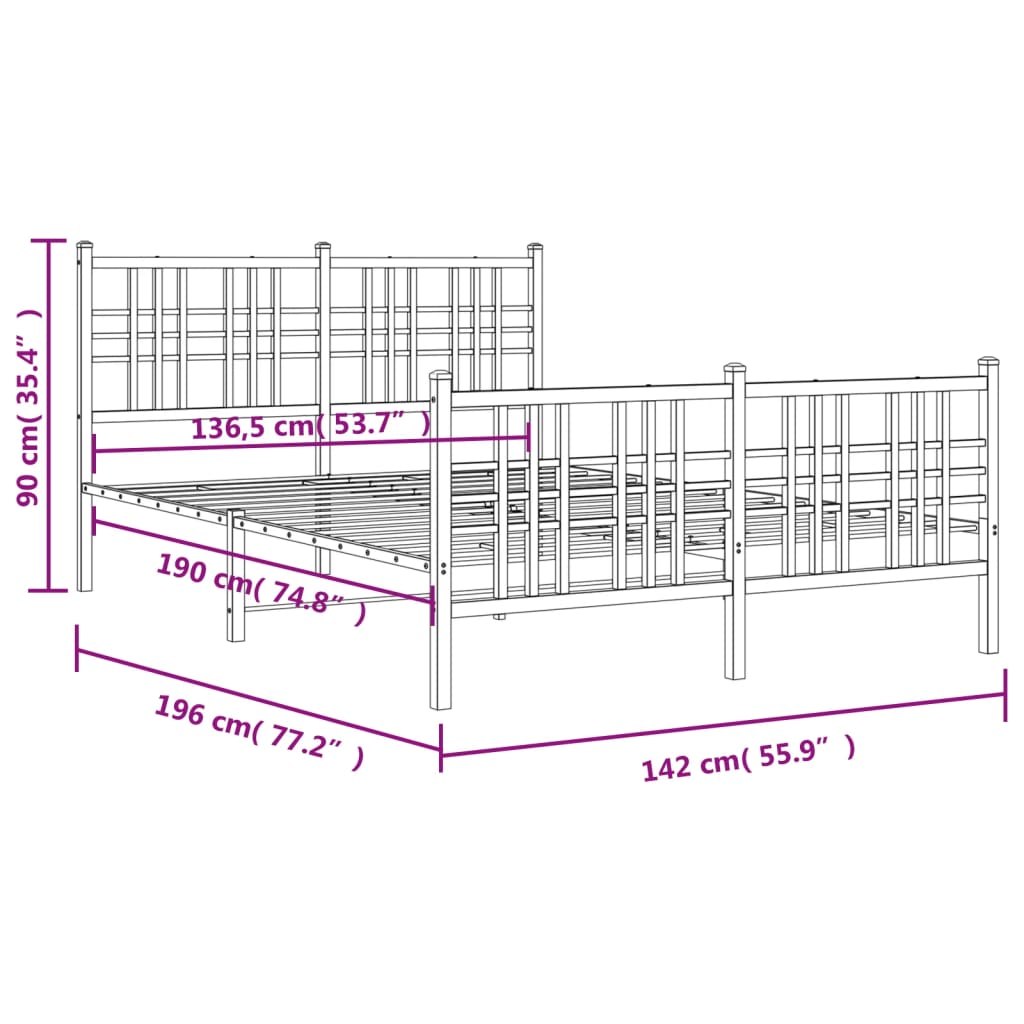 Cadre de lit métal sans matelas avec pied de lit noir 137x190cm